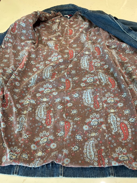 Tommy Hilfiger Y2K Stretch Denim Coat Floral Paisley Lined Long Jacket Size L - Picture 9 of 16